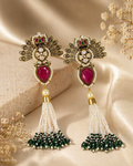Royal Mayura Tassel Earrings – Kundan Pearl &amp; Emerald Bead Statement Earrings