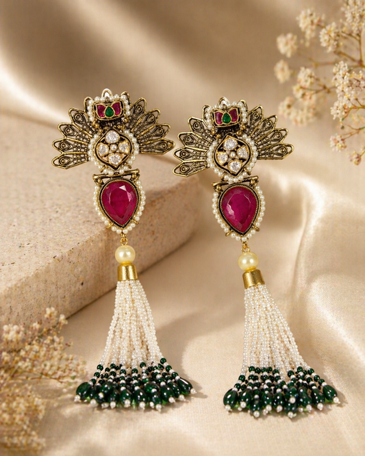 Royal Mayura Tassel Earrings – Kundan Pearl &amp; Emerald Bead Statement Earrings