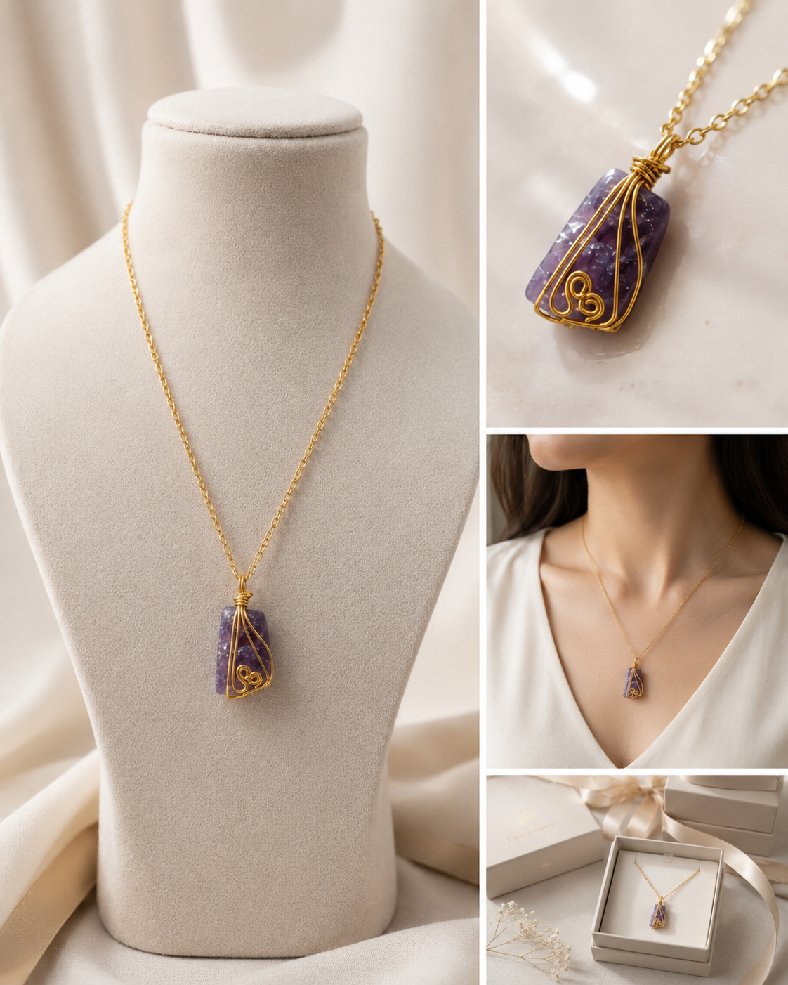 Amethyst Aura Crystal Pendant Necklace