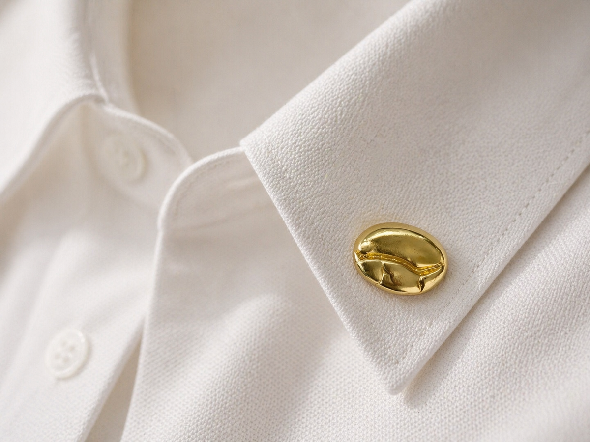 Golden Coffee Bean Collar Brooch – Minimalist Gold Lapel Pin