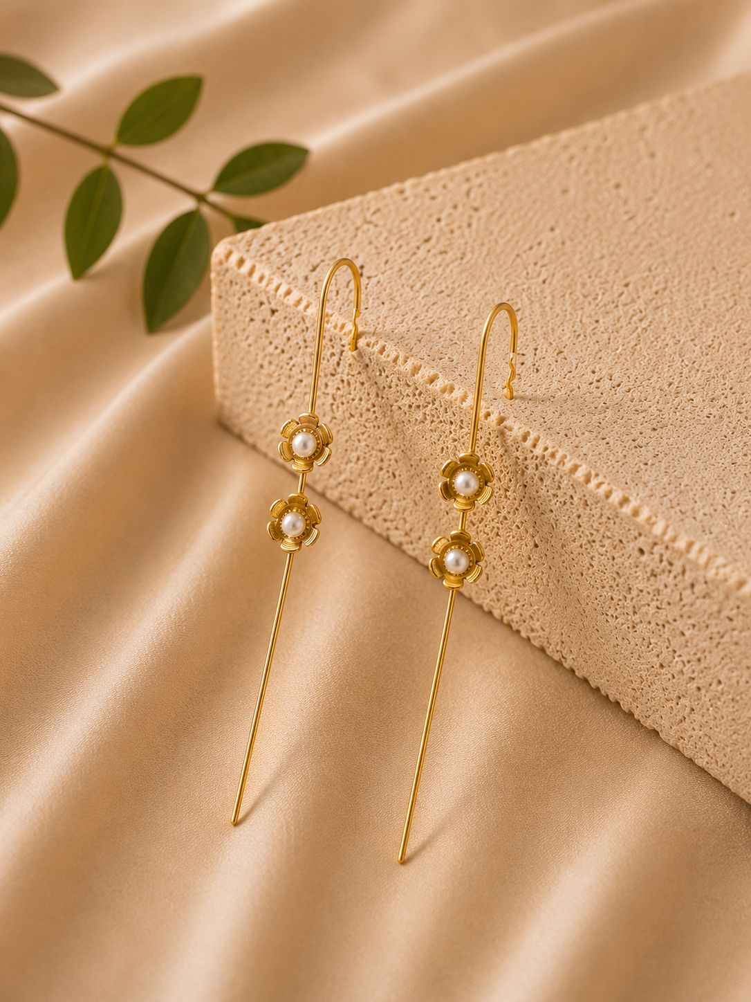 Pearl Bloom Threader Earrings – Gold Floral Long Drop Earrings