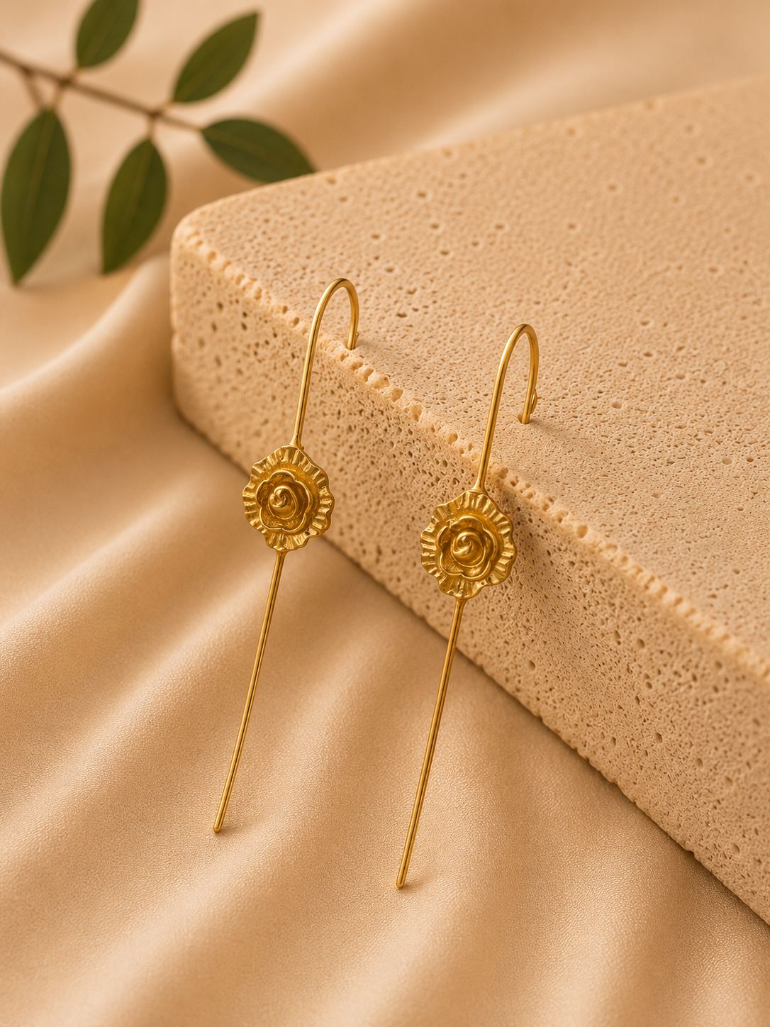 Golden Rose Threader Earcuff – Floral Long Drop Ear Chain